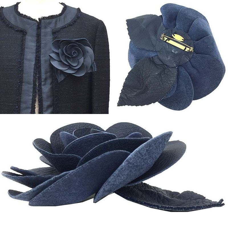 Object Chanel Camellia Corsage Brooch Flower Leather Navy Made In France Aq11854