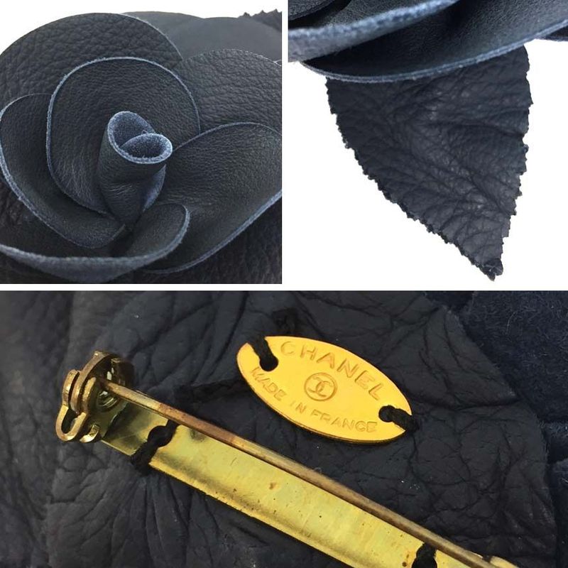 Object Chanel Camellia Corsage Brooch Flower Leather Navy Made In France Aq11854