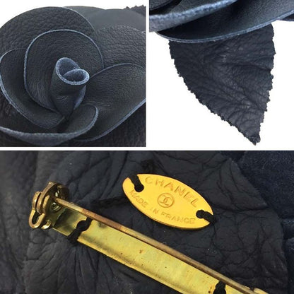 Object Chanel Camellia Corsage Brooch Flower Leather Navy Made In France Aq11854