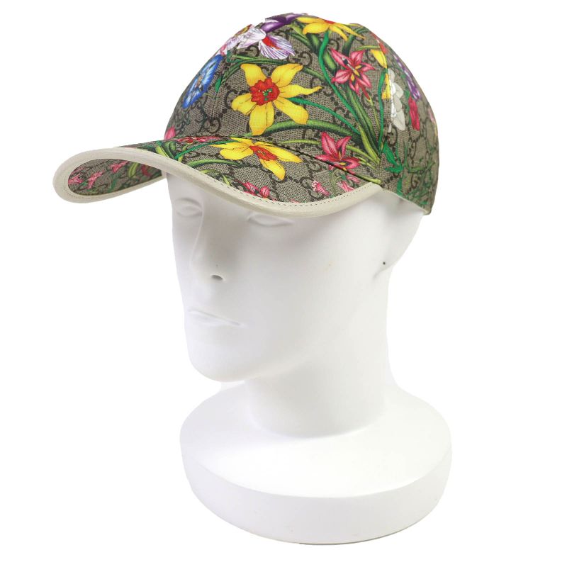 Gucci 603986 GG Supreme Flora Floral Pattern Baseball Cap Hat Beige Multicolor