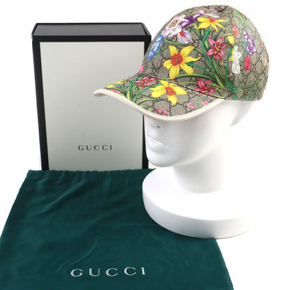 Gucci 603986 GG Supreme Flora Floral Pattern Baseball Cap Hat Beige Multicolor
