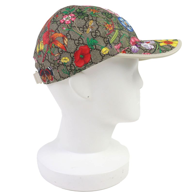 Gucci 603986 GG Supreme Flora Floral Pattern Baseball Cap Hat Beige Multicolor