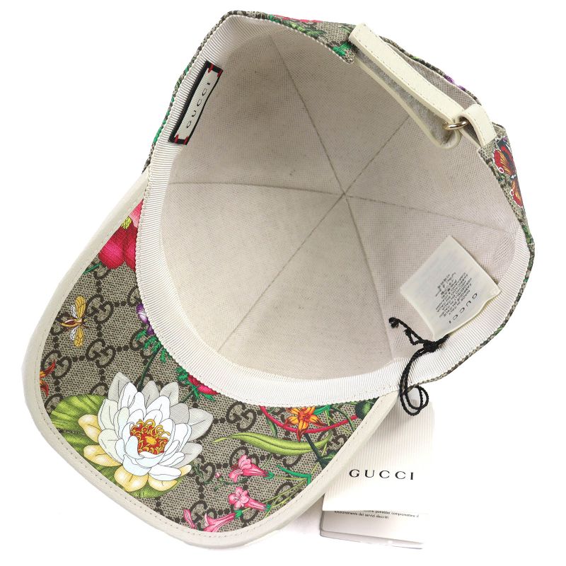 Gucci 603986 GG Supreme Flora Floral Pattern Baseball Cap Hat Beige Multicolor