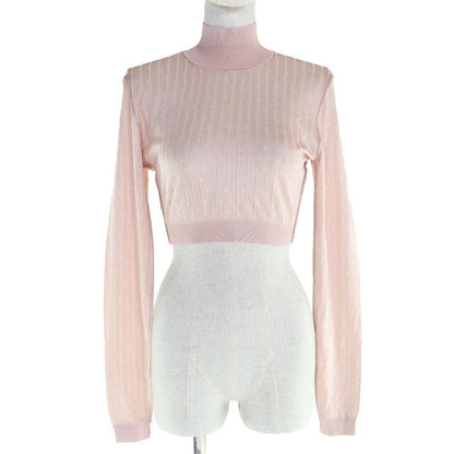 Fendi 2022 Fzx834 FF Pattern Stripe Cropped High Neck Long Sleeve Knit Top Pink