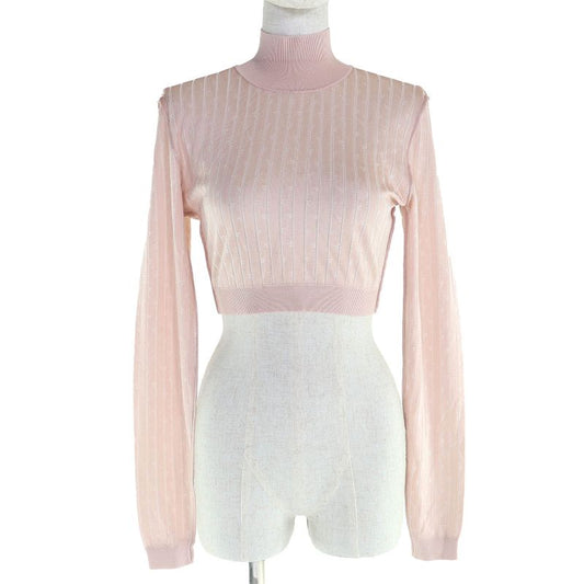 Fendi 2022 Fzx834 FF Pattern Stripe Cropped High Neck Long Sleeve Knit Top Pink