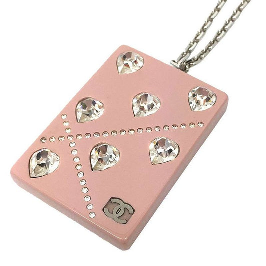 Chanel Plate Necklace Heart Rhinestone Pink Plastic Accessories Aq11857