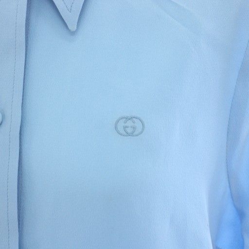 Gucci Shirt Blouse Long Sleeves Interlocking GG Logo Silk 36 Light Blue Light
