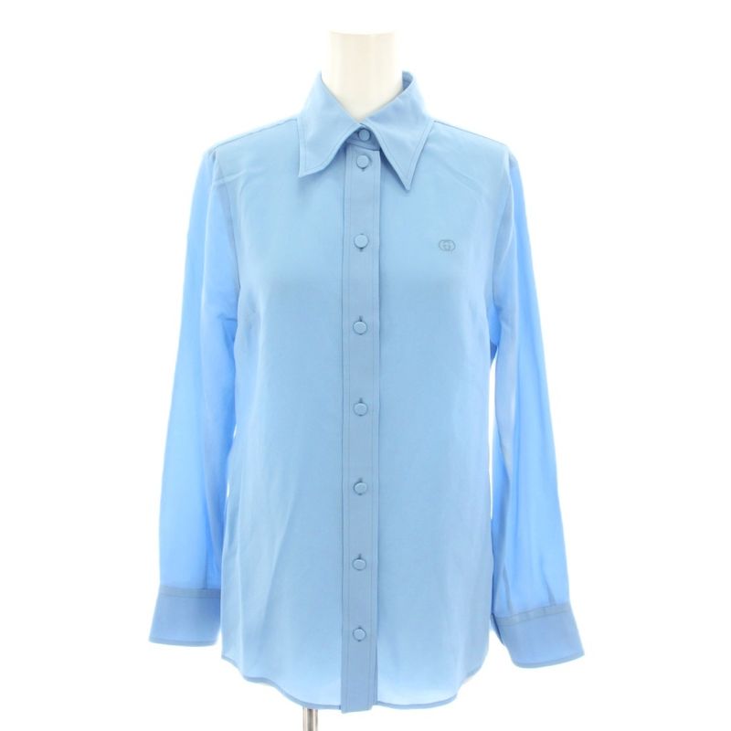 Gucci Shirt Blouse Long Sleeves Interlocking GG Logo Silk 36 Light Blue Light