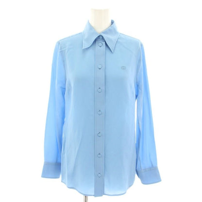 Gucci Shirt Blouse Long Sleeves Interlocking GG Logo Silk 36 Light Blue Light