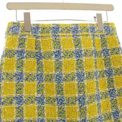Gucci Tweed Skirt Knee Length Checked Sequins 38 Yellow 744810 G