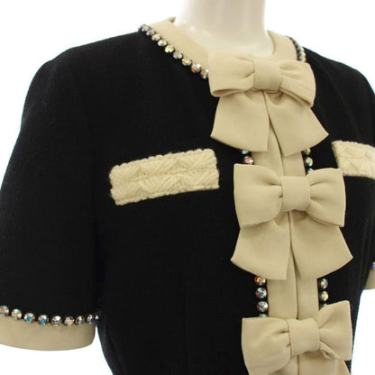 Gucci Short Sleeve Collarless Jacket Ribbon Rhinestone 38 Black 493637 G