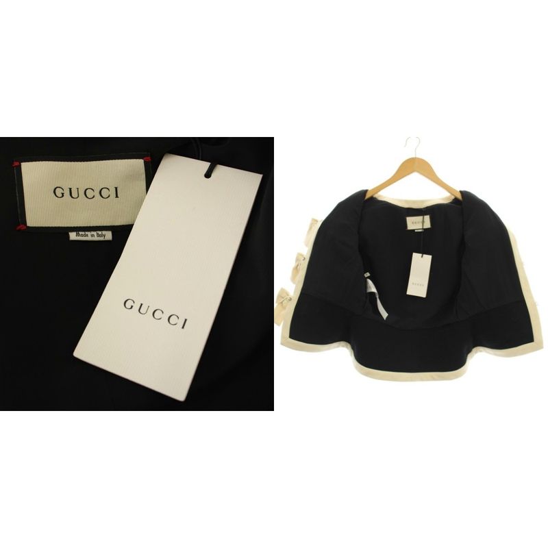 Gucci Short Sleeve Collarless Jacket Ribbon Rhinestone 38 Black 493637 G