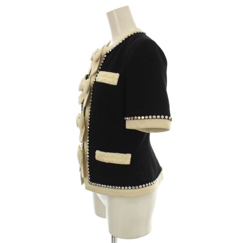 Gucci Short Sleeve Collarless Jacket Ribbon Rhinestone 38 Black 493637 G