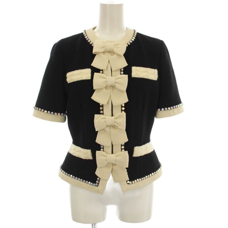 Gucci Short Sleeve Collarless Jacket Ribbon Rhinestone 38 Black 493637 G