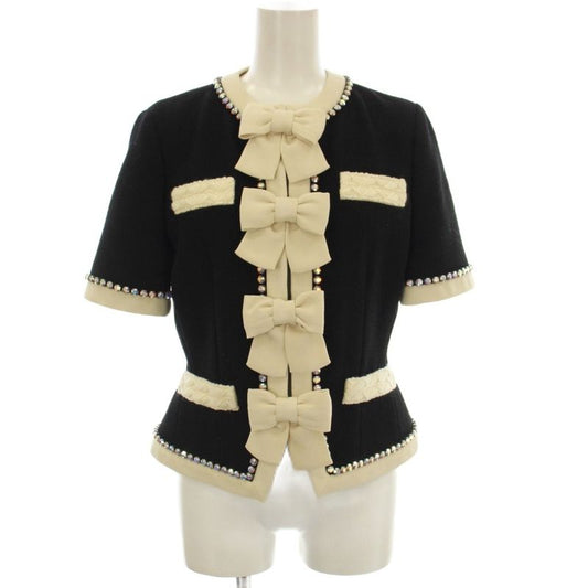 Gucci Short Sleeve Collarless Jacket Ribbon Rhinestone 38 Black 493637 G