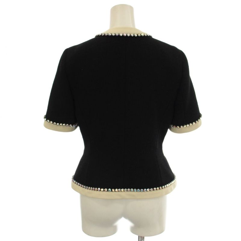Gucci Short Sleeve Collarless Jacket Ribbon Rhinestone 38 Black 493637 G