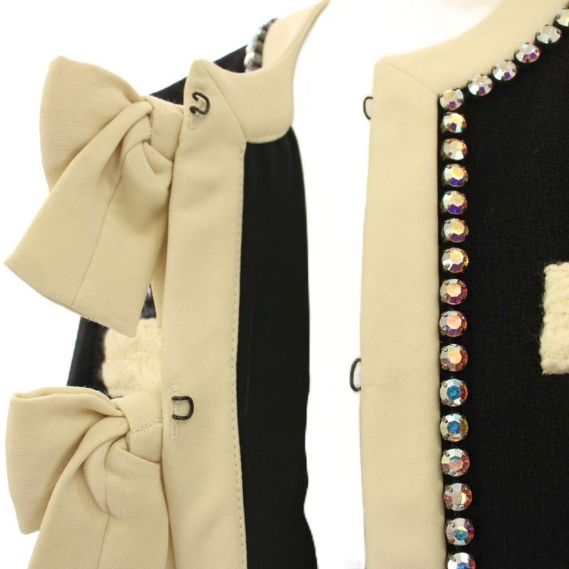 Gucci Short Sleeve Collarless Jacket Ribbon Rhinestone 38 Black 493637 G