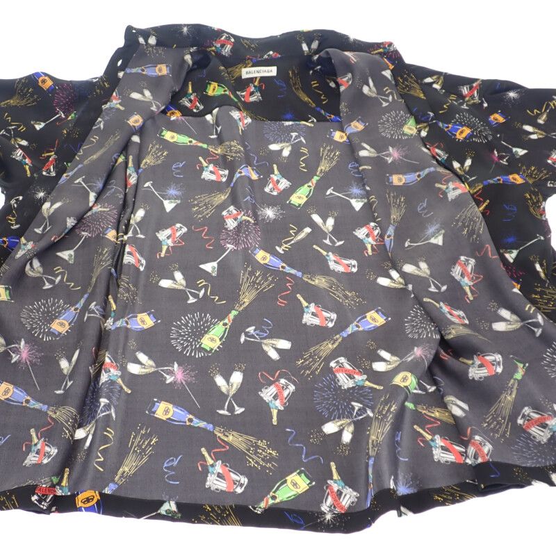 Balenciaga Celebration Print 36 Short Sleeve Shirt Silk Black Mens [grade A