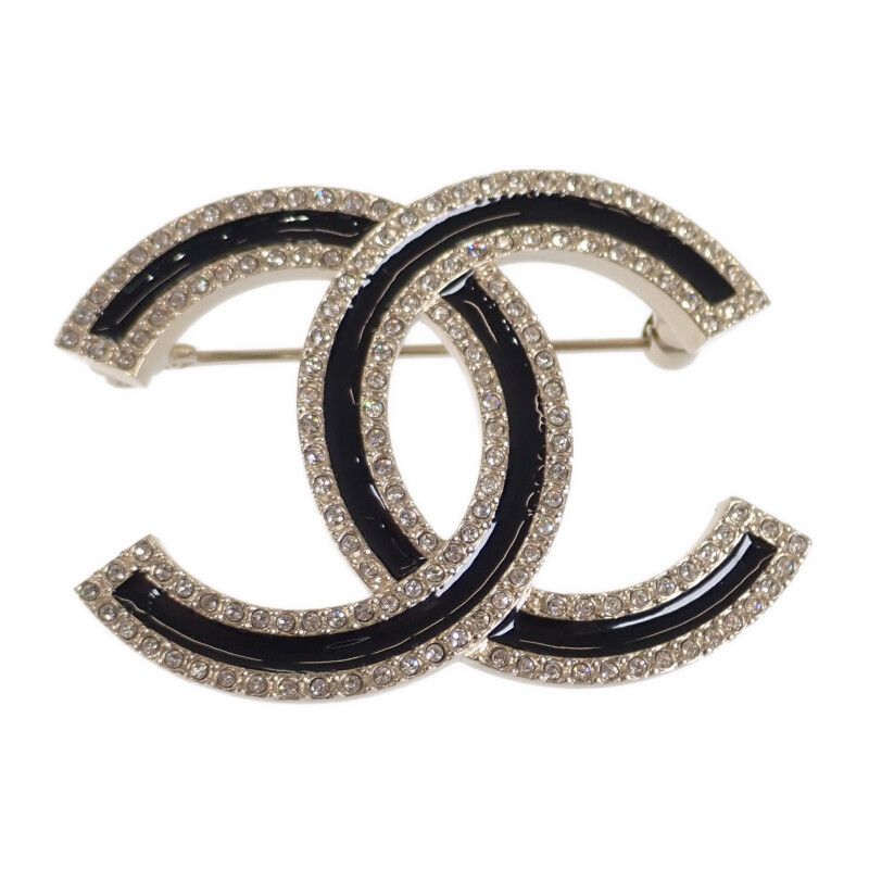 Chanel Coco Mark Brooch Metal Crystal Gold Black Ladies [rank A