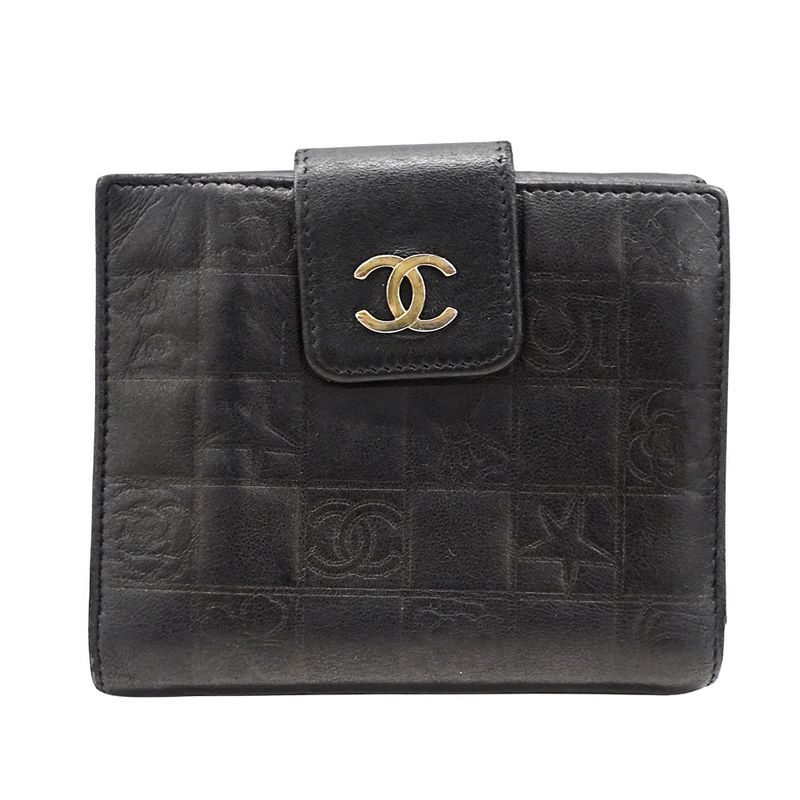 Chanel Wallet Women's Brand Bifold Wallet Icon Lambskin Black Gold Hardware