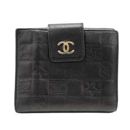 Chanel Wallet Women's Brand Bifold Wallet Icon Lambskin Black Gold Hardware