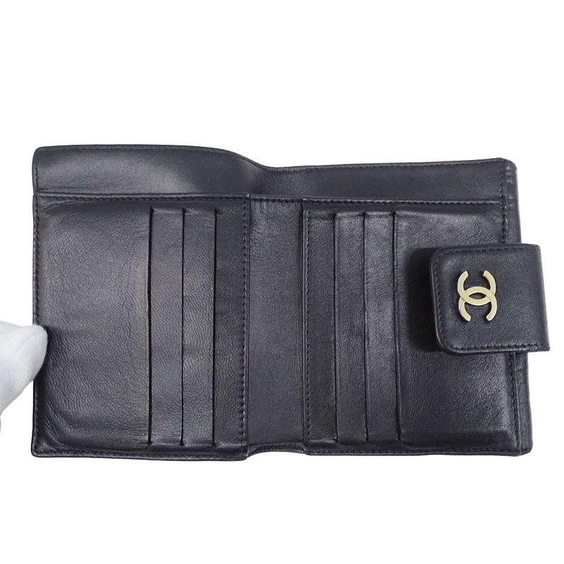 Chanel Wallet Women's Brand Bifold Wallet Icon Lambskin Black Gold Hardware