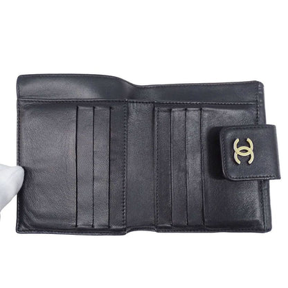 Chanel Wallet Women's Brand Bifold Wallet Icon Lambskin Black Gold Hardware