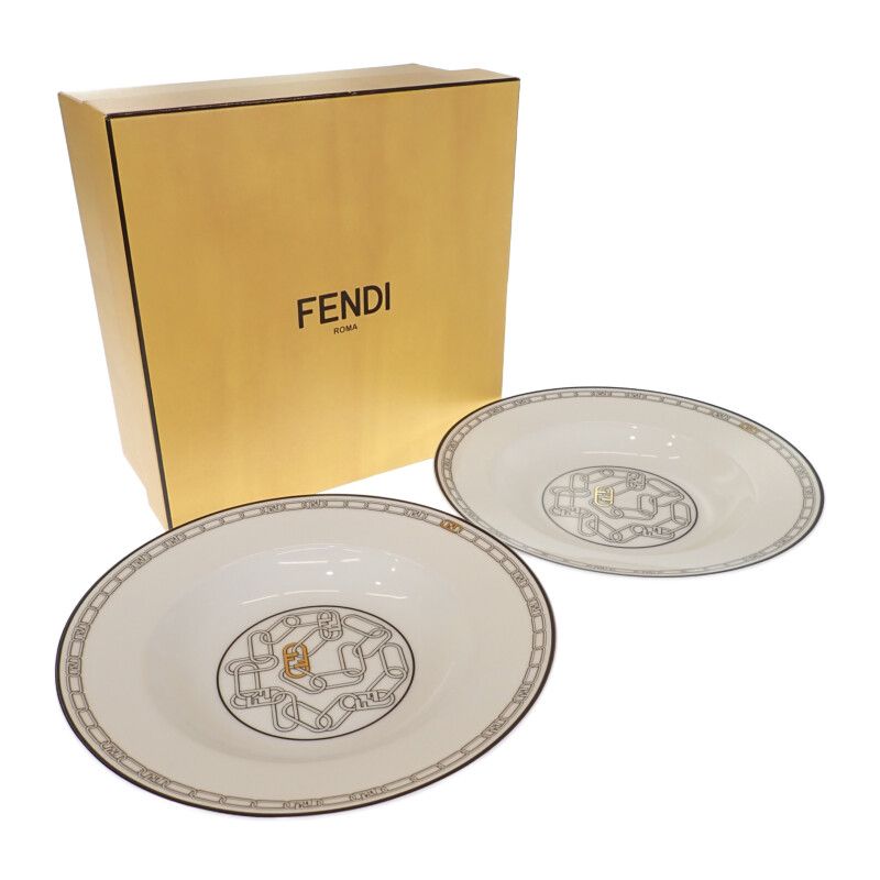 Fendi Set Of 2 Orrock Plates 7ac046 Tableware Porcelain White Ladies [S Rank]