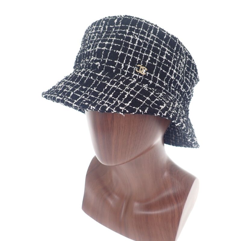 Chanel Tweed Bucket Hat Cotton Polyamide Black L Women's [ranked A