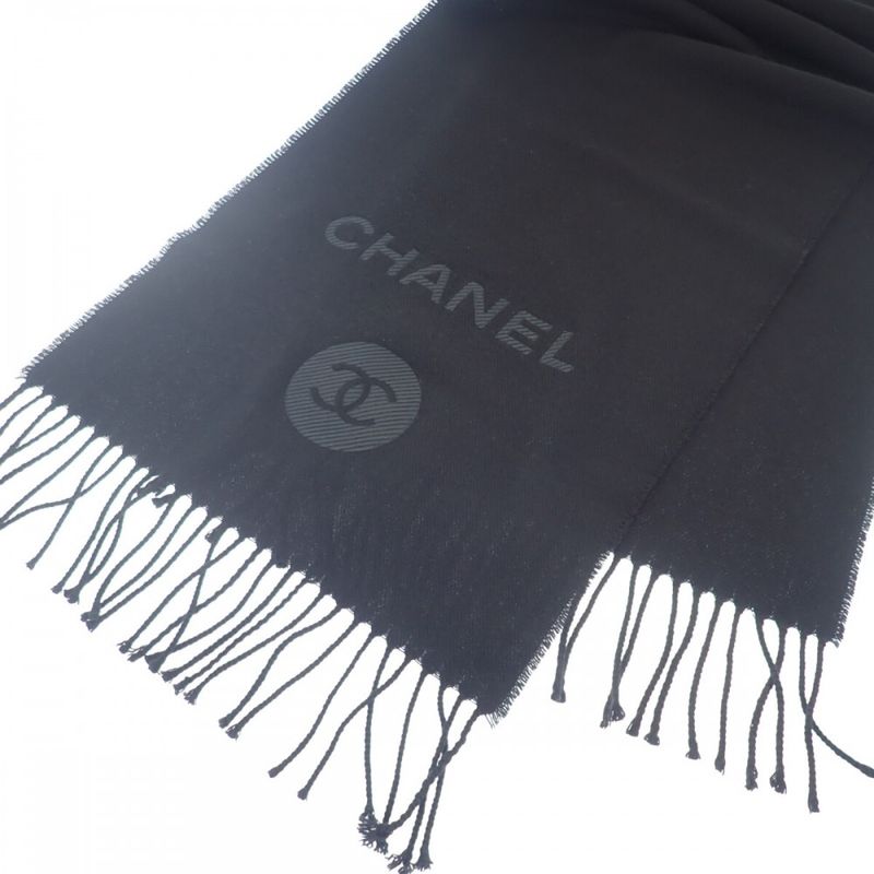 Chanel Coco Mark Scarf Wool Cashmere Black Ladies [A Rank