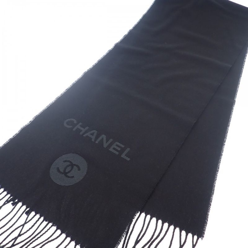 Chanel Coco Mark Scarf Wool Cashmere Black Ladies [A Rank