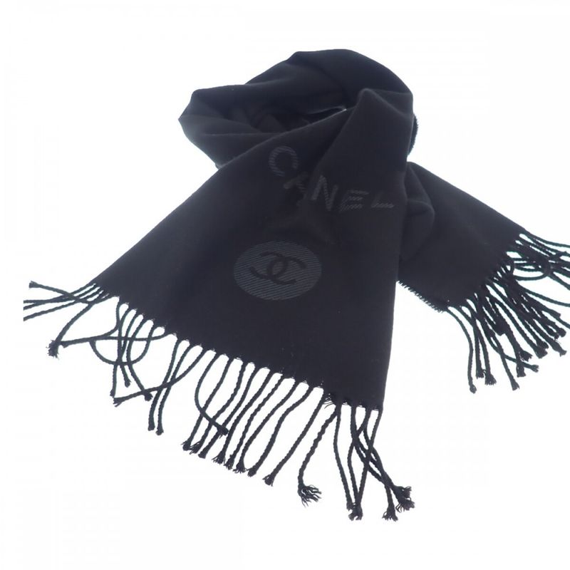 Chanel Coco Mark Scarf Wool Cashmere Black Ladies [A Rank