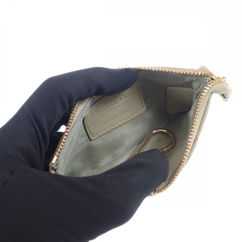 Christian DIOR Key Case Lady Dior Coin Case Lambskin Sage Green Gold Hardware