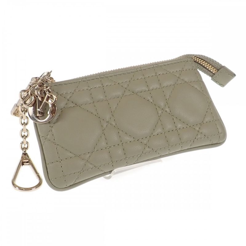 Christian DIOR Key Case Lady Dior Coin Case Lambskin Sage Green Gold Hardware