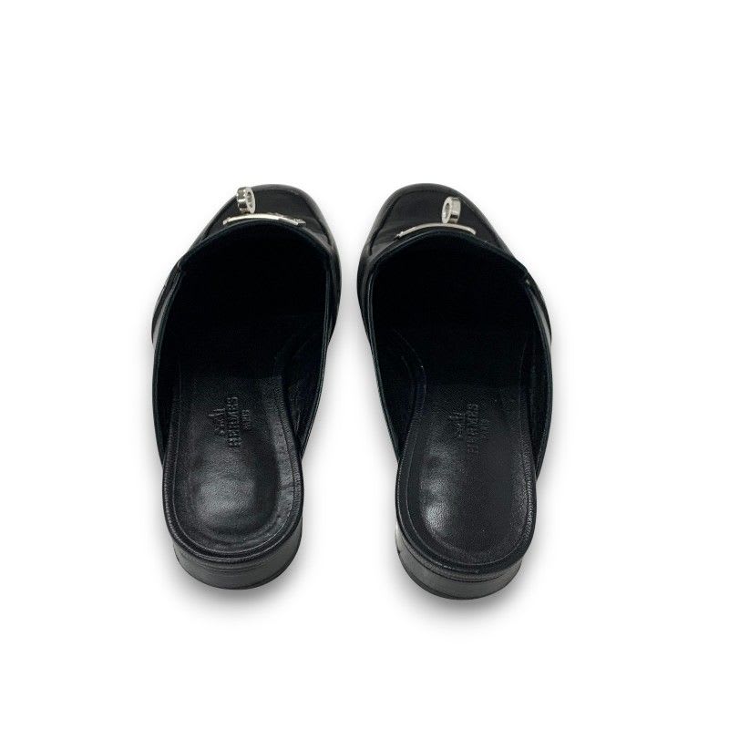 Hermes Oz Flat Shoes Leather Black Silver Kelly Hardware Mules