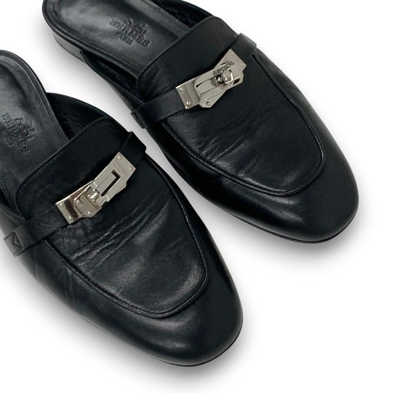 Hermes Oz Flat Shoes Leather Black Silver Kelly Hardware Mules