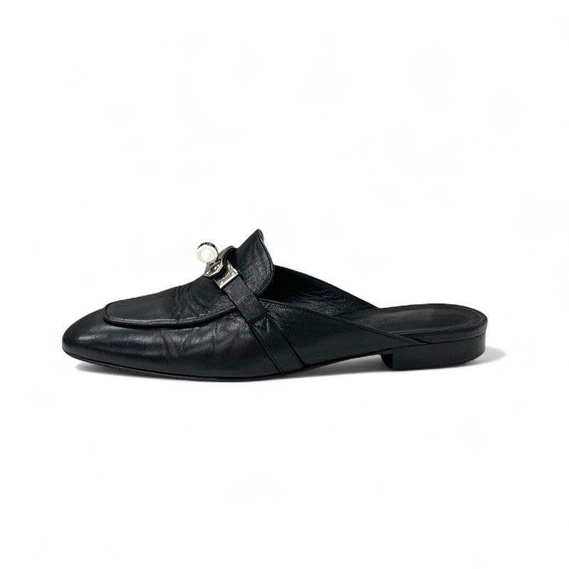 Hermes Oz Flat Shoes Leather Black Silver Kelly Hardware Mules
