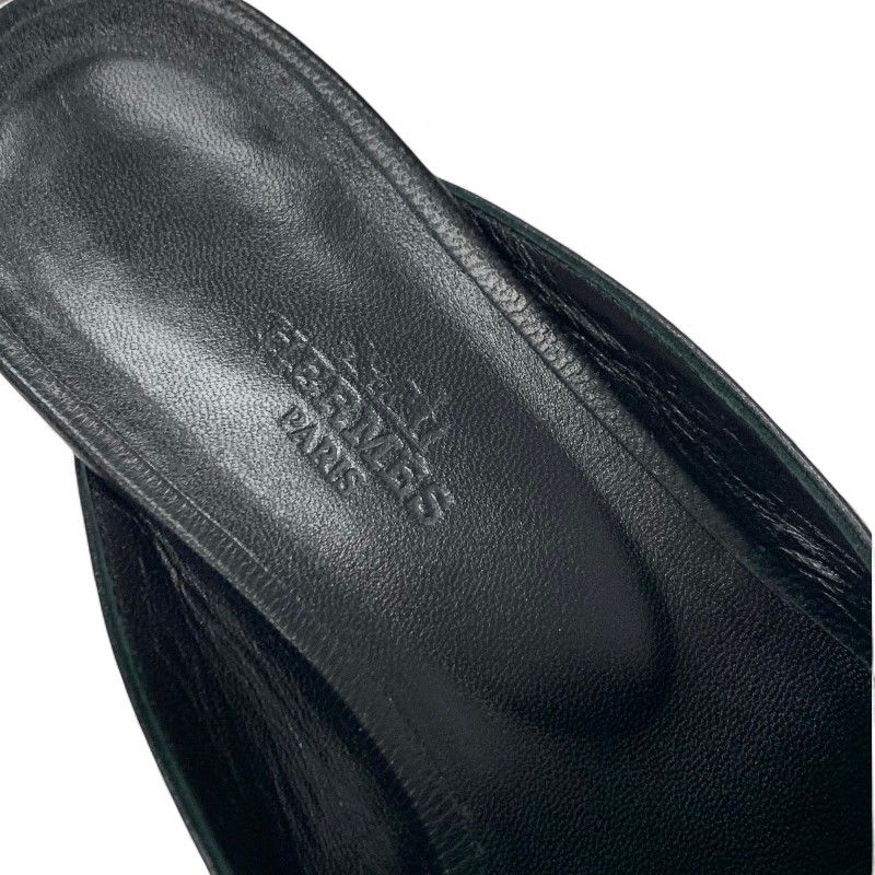 Hermes Oz Flat Shoes Leather Black Silver Kelly Hardware Mules
