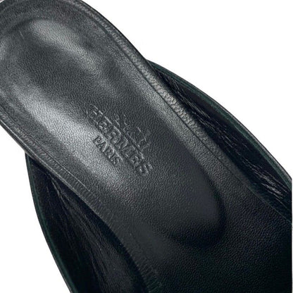 Hermes Oz Flat Shoes Leather Black Silver Kelly Hardware Mules