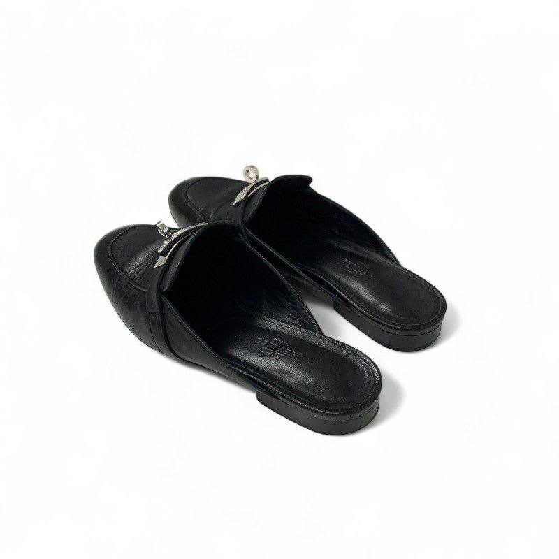Hermes Oz Flat Shoes Leather Black Silver Kelly Hardware Mules
