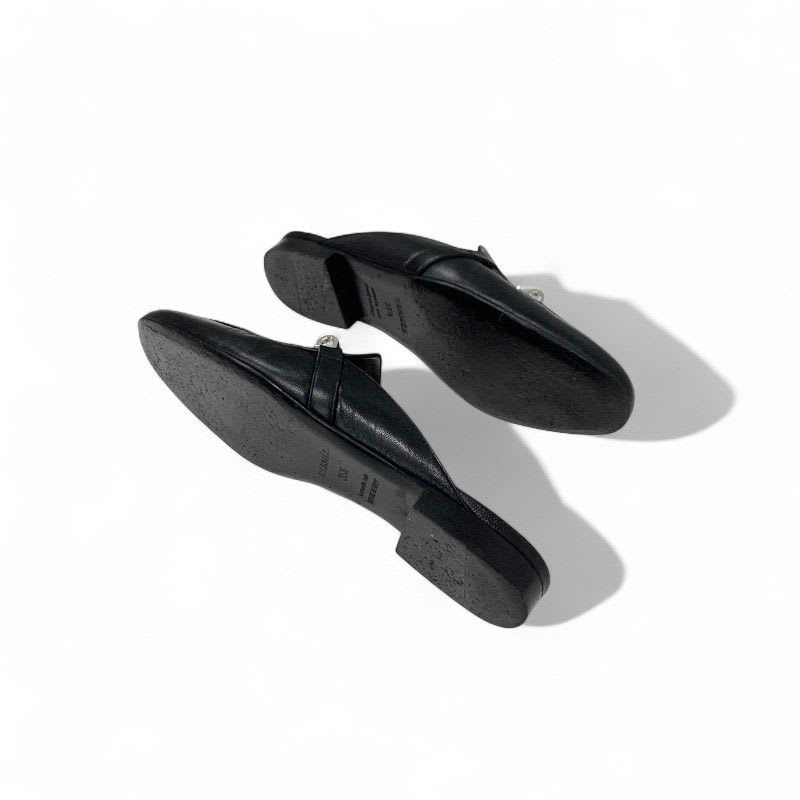 Hermes Oz Flat Shoes Leather Black Silver Kelly Hardware Mules