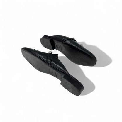 Hermes Oz Flat Shoes Leather Black Silver Kelly Hardware Mules