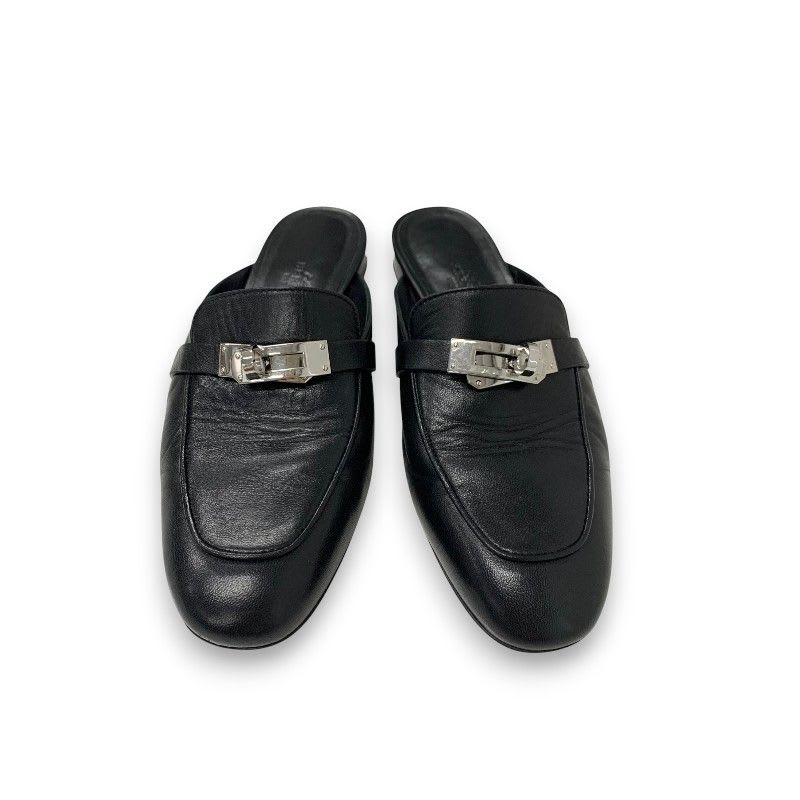 Hermes Oz Flat Shoes Leather Black Silver Kelly Hardware Mules
