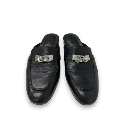 Hermes Oz Flat Shoes Leather Black Silver Kelly Hardware Mules