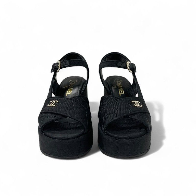 Chanel Sandals Shoes Fabric Black Here Mark Matelasse Wedge Sole Rhinestone