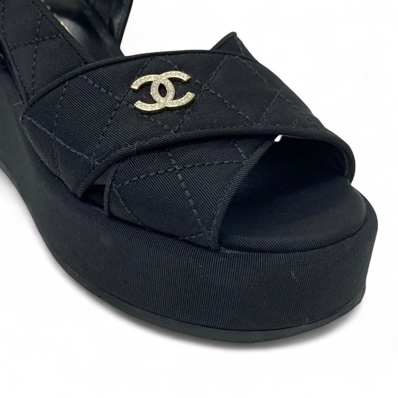 Chanel Sandals Shoes Fabric Black Here Mark Matelasse Wedge Sole Rhinestone