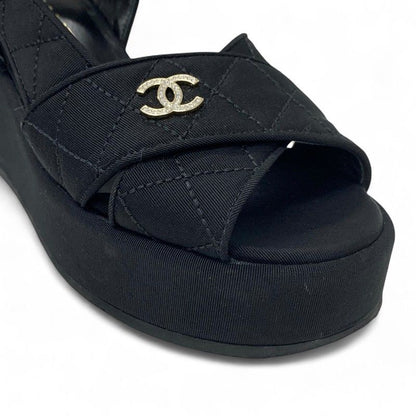 Chanel Sandals Shoes Fabric Black Here Mark Matelasse Wedge Sole Rhinestone