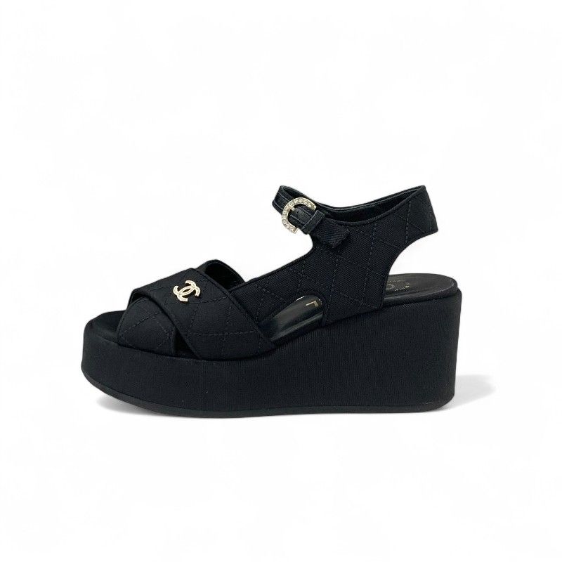 Chanel Sandals Shoes Fabric Black Here Mark Matelasse Wedge Sole Rhinestone