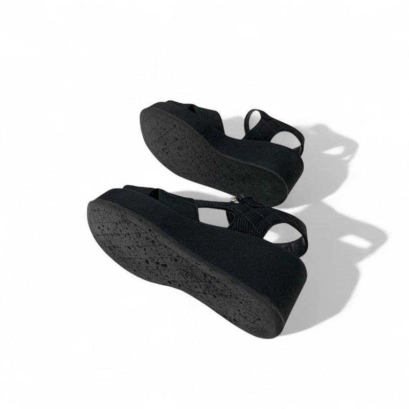Chanel Sandals Shoes Fabric Black Here Mark Matelasse Wedge Sole Rhinestone