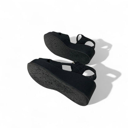 Chanel Sandals Shoes Fabric Black Here Mark Matelasse Wedge Sole Rhinestone